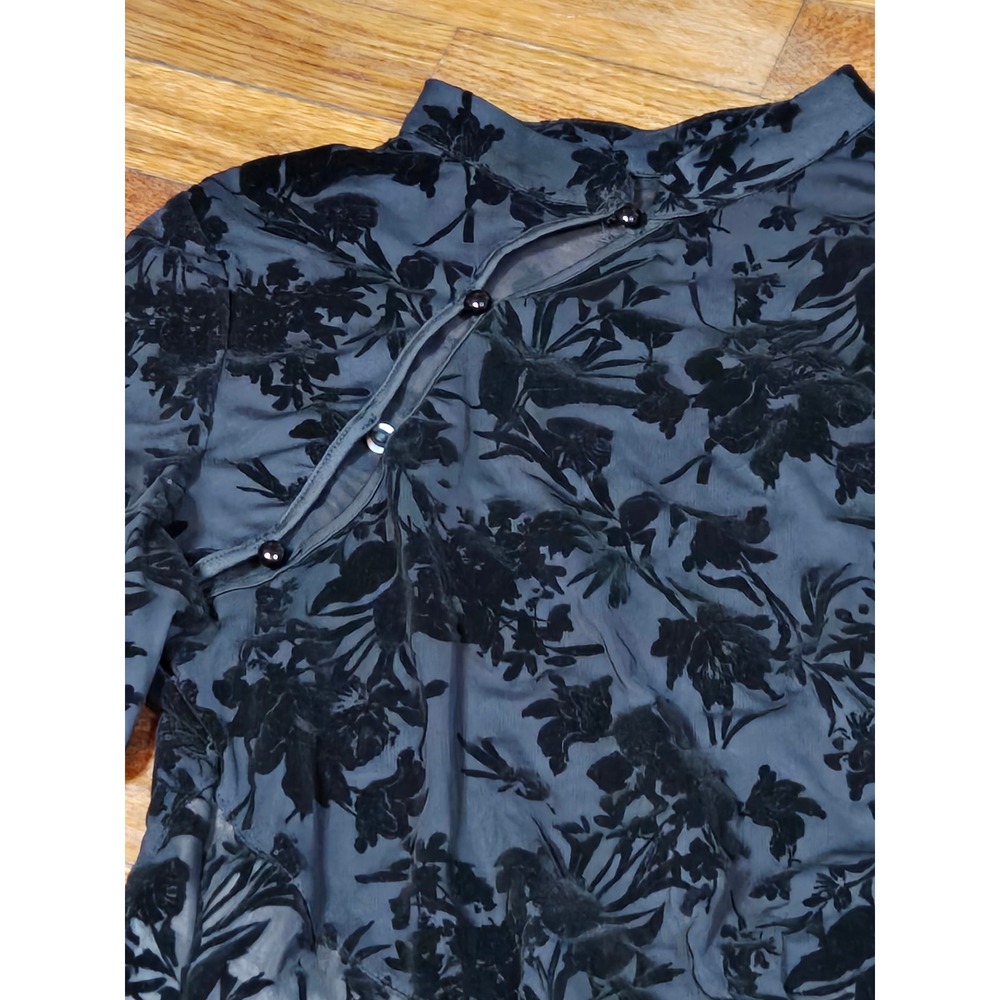 SHEIN SXY Black Burnout Velvet Floral Mesh Mini Dress Bell Sleeve Mock Neck L